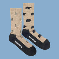 Beige and black men’s bear and tree merino wool socks by friday sock co soft trekking knit wool socks