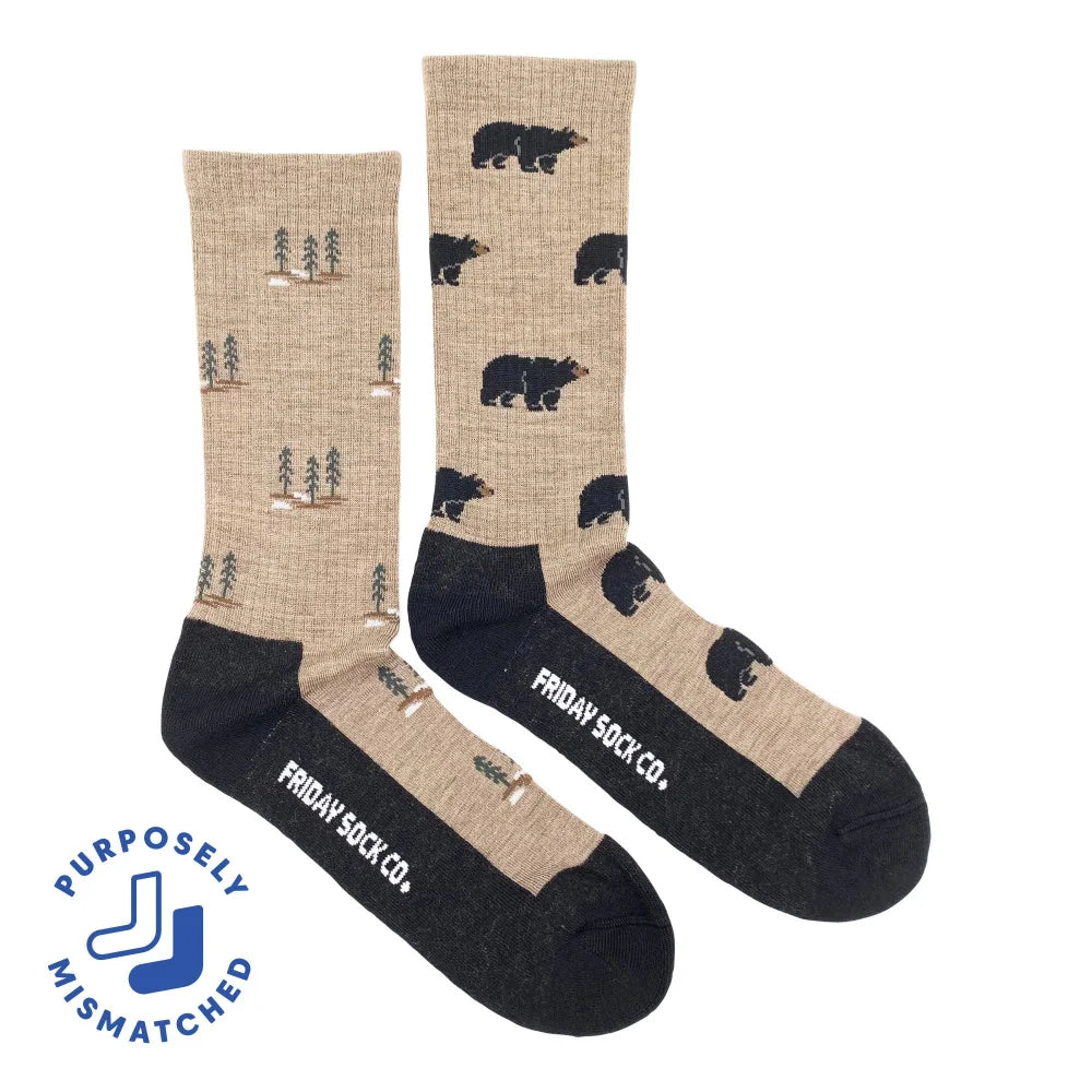 Beige and black men’s merino wool socks with bear and tree pattern by friday sock co perfect for trekking