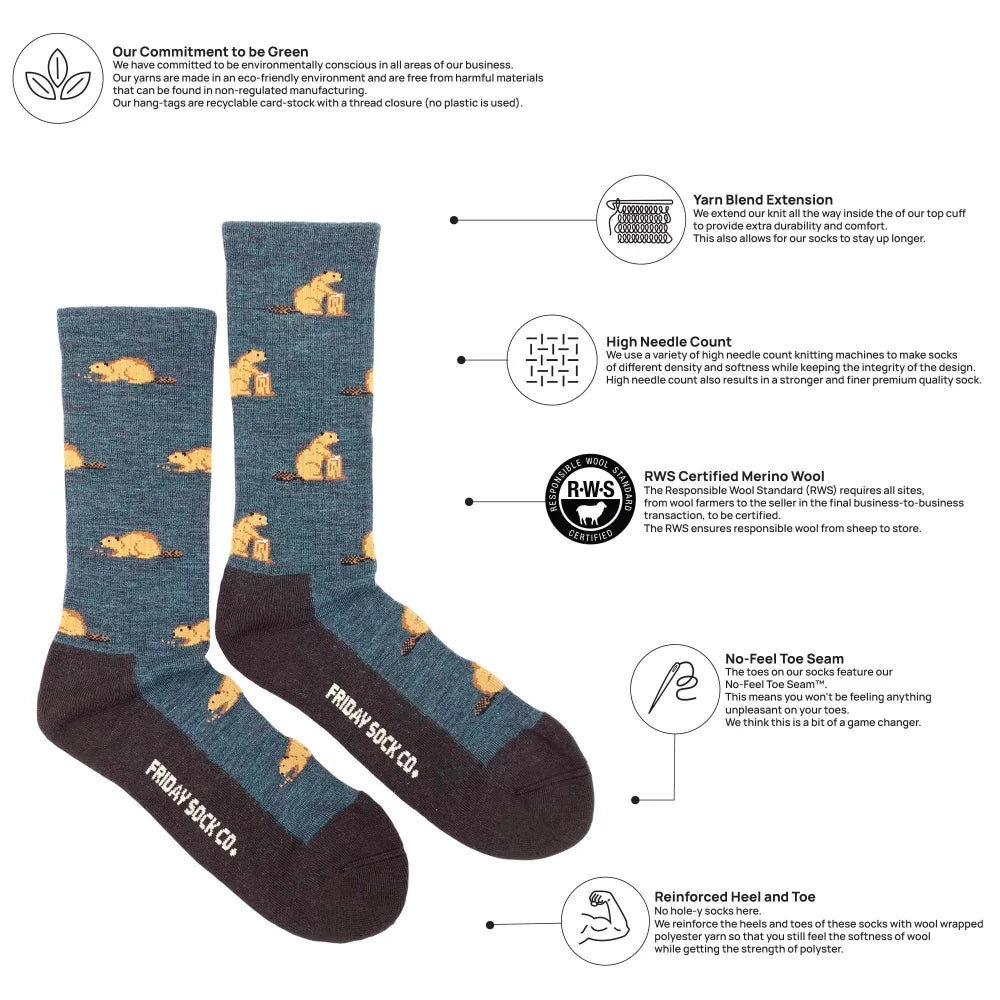 Men’s blue and brown merino wool socks with yellow beaver pattern for premium soft comfort and warmth