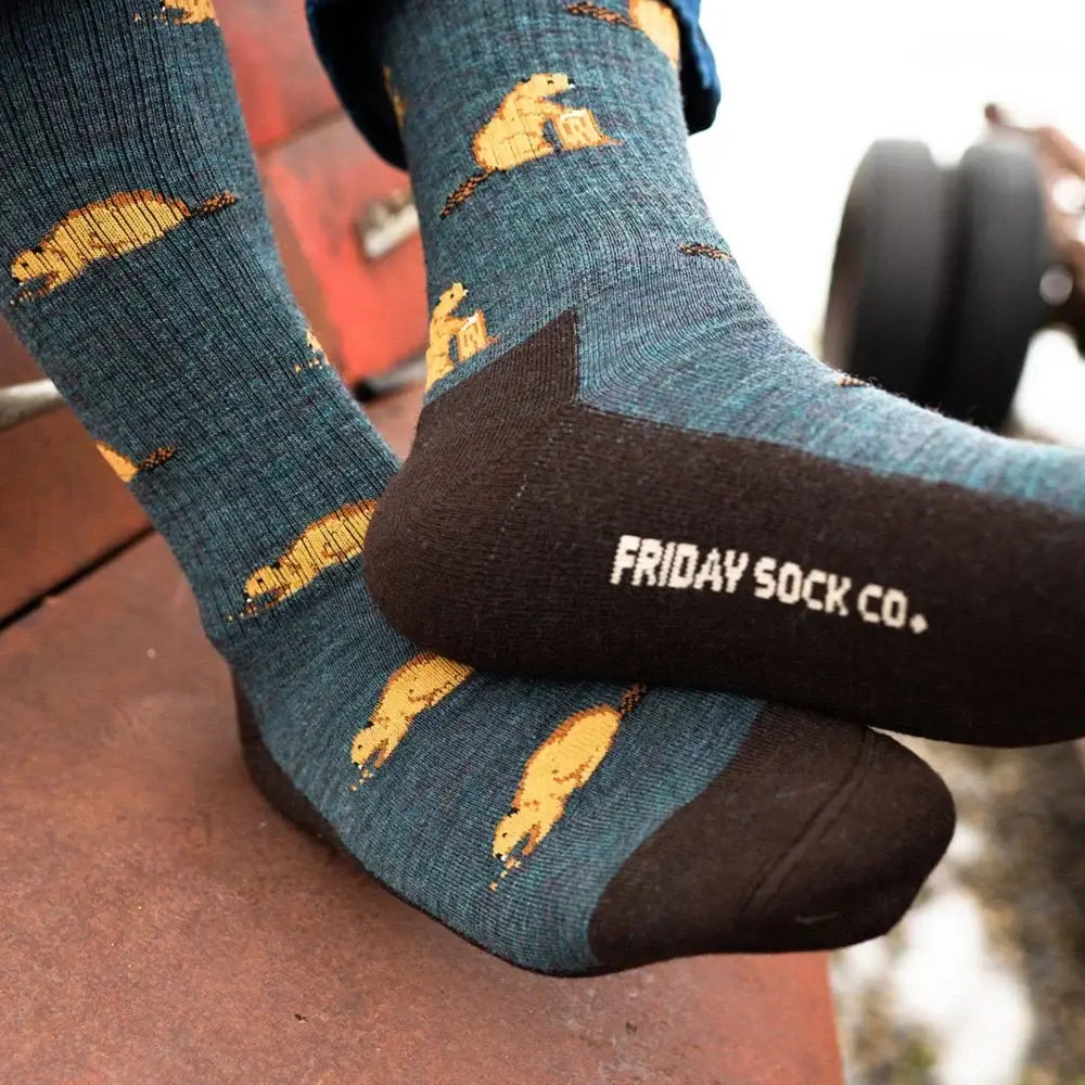 Teal and brown merino wool socks with yellow bear pattern and friday sock co logo perfect for soft comfort
