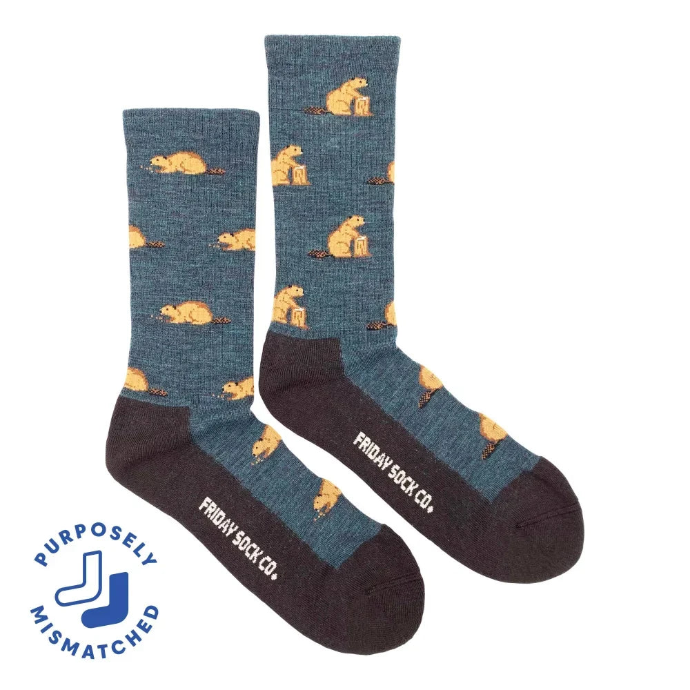 Men’s blue heathered merino wool socks with yellow beaver pattern and dark gray reinforced toe and heel sections