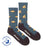 Men’s blue heathered merino wool socks with yellow beaver pattern and dark gray reinforced toe and heel sections