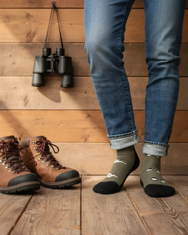 Olive green men’s bird and birdwatching merino wool socks with black toe caps and white cartoon eyes design