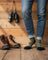 Olive green men’s bird and birdwatching merino wool socks with black toe caps and white cartoon eyes design