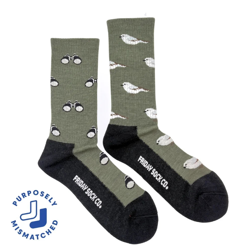 Olive green merino wool socks with white bird and binocular patterns black toe and heel by friday sock co for outdoor cozy wear