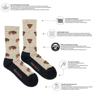 Beige and black buffalo-patterned men’s bison merino wool socks with reinforced heel and toe for warm hiking use