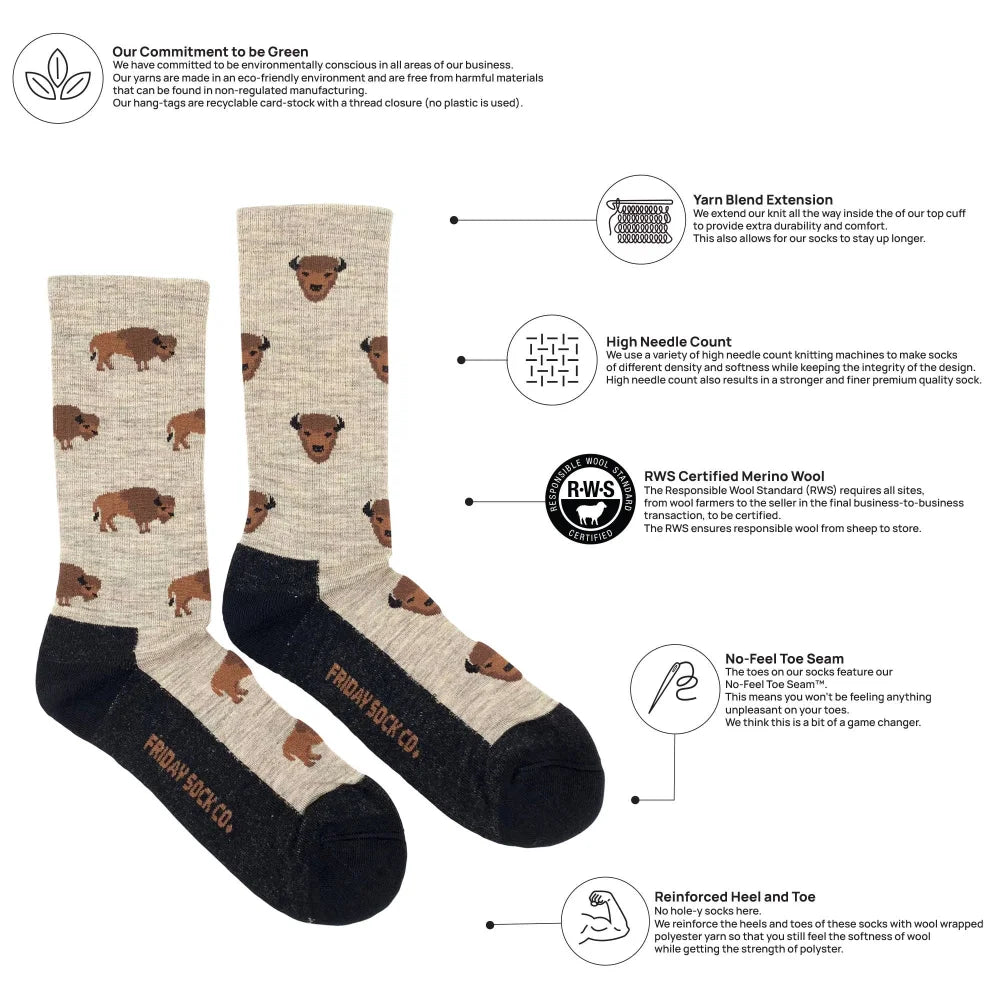 Beige and black buffalo-patterned men’s bison merino wool socks with reinforced heel and toe for warm hiking use