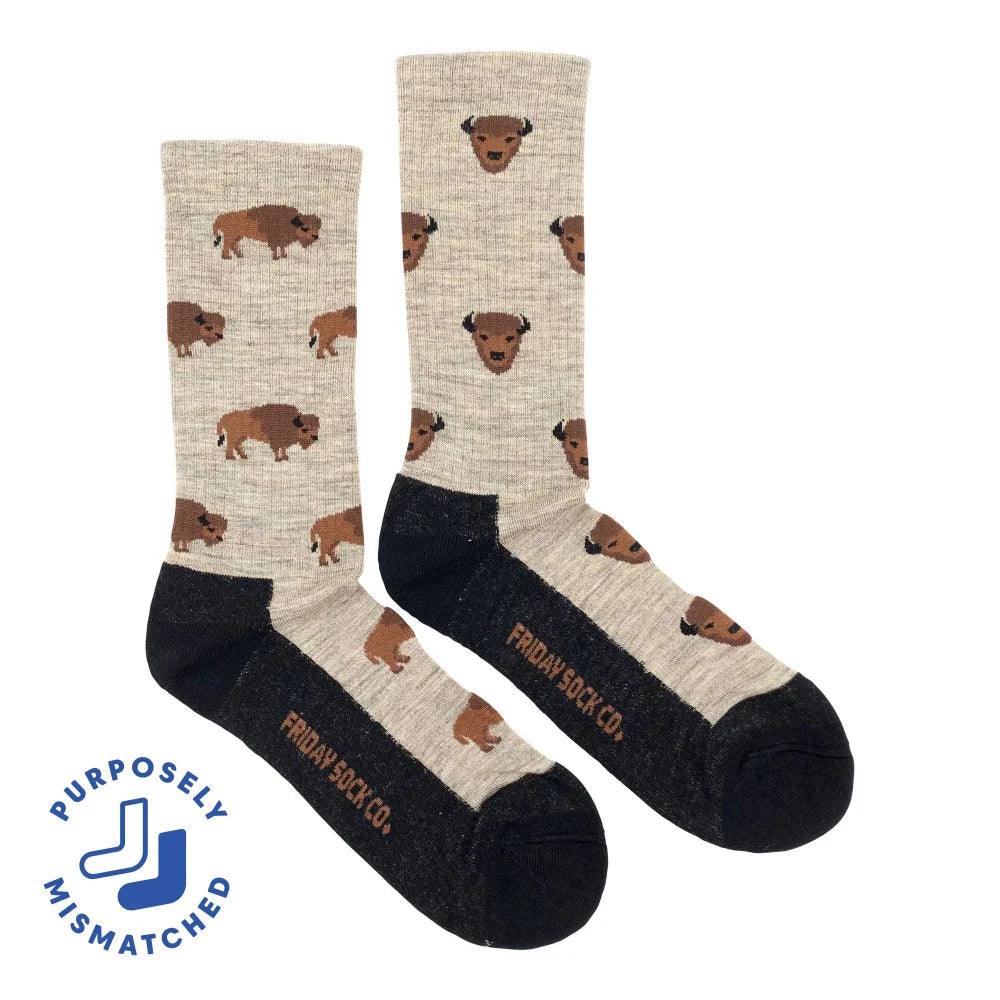 Heathered beige merino wool socks with brown bison prints black toe heel from friday sock co warm hiking wool socks