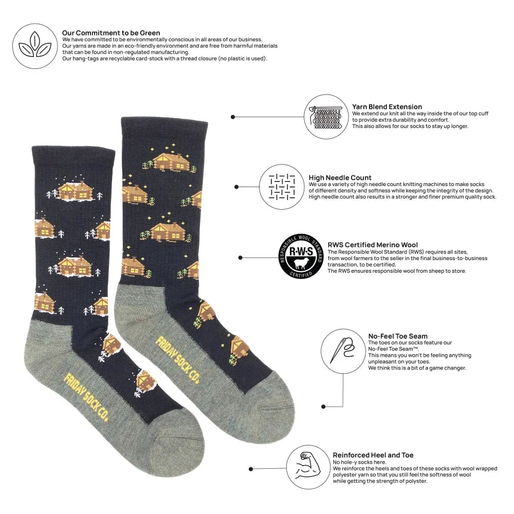 Men’s dark blue merino wool socks with yellow cabin and star pattern and gray toe and heel moisture wicking soft