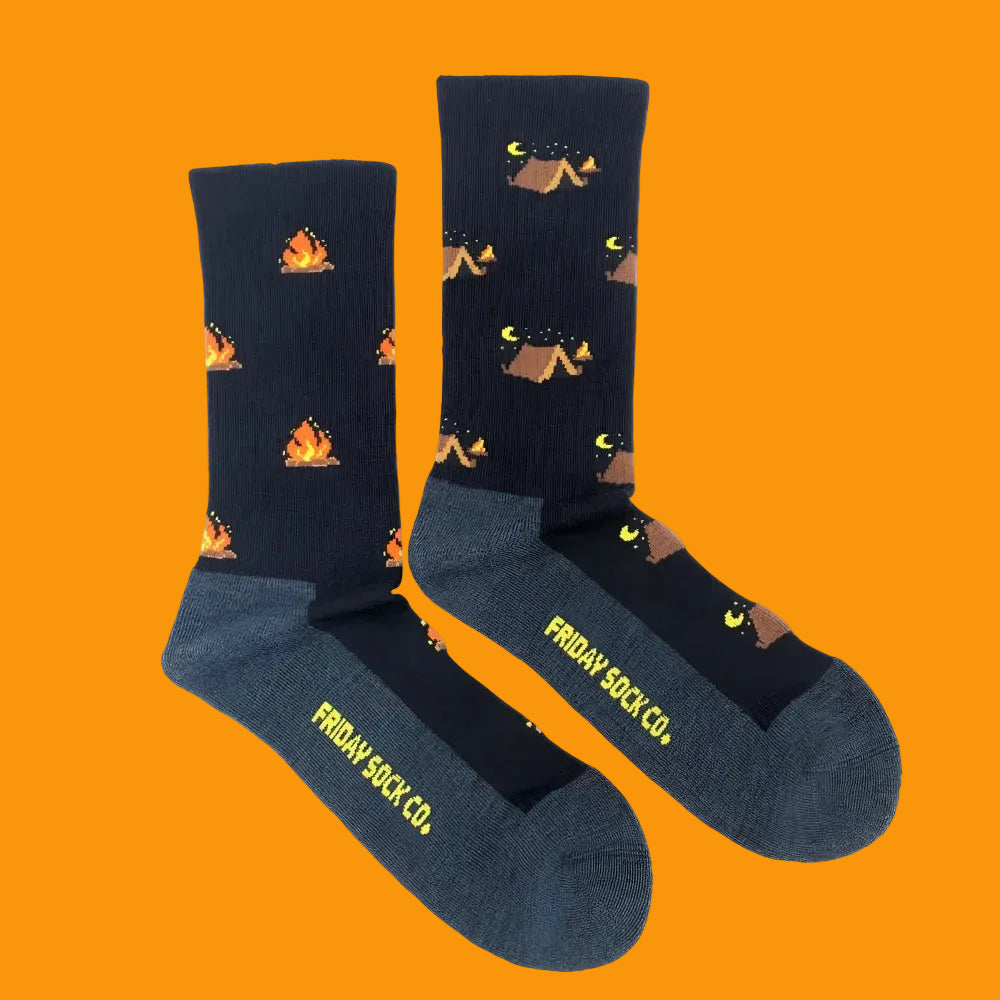 Men’s dark navy merino wool socks with campfire and tent pattern breathable fit wool socks for camping at night