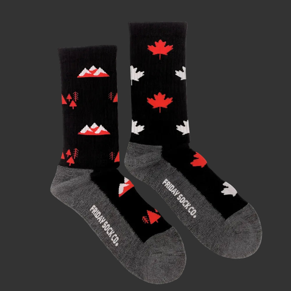 Men’s canada merino wool socks with black base red and white maple leaf and mountain design gray toe and heel sections