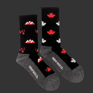 Men’s canada merino wool socks with black base red and white maple leaf and mountain design gray toe and heel sections