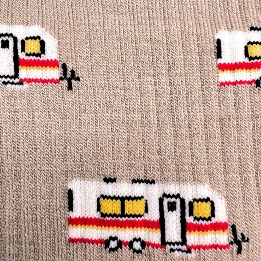 Beige knitted sweater with pixelated retro camper designs in white red yellow and black perfect for merino wool socks fans