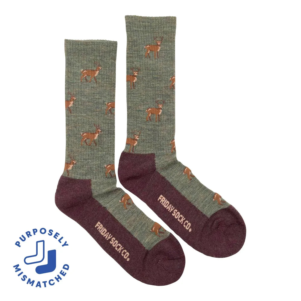 Men’s olive green and maroon merino wool socks with a brown deer pattern for breathable fit and style
