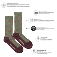 Olive green and maroon mens deer merino wool socks with fox pattern made from rws certified merino wool with reinforced heel and toe