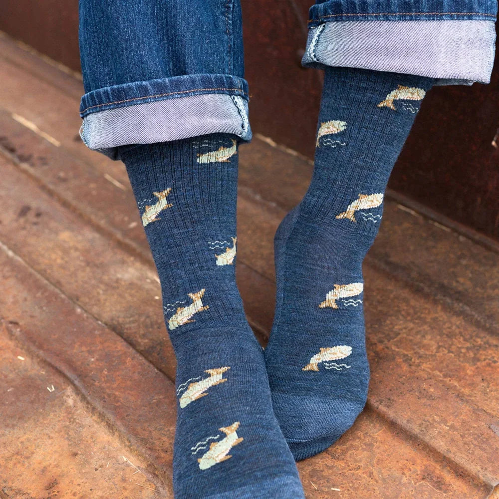 Dark blue merino wool socks with light beige dolphin pattern perfect for men’s outdoor hiking gift