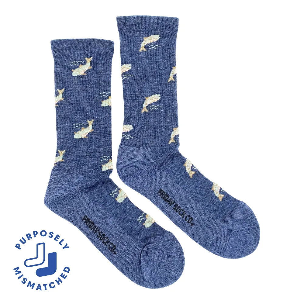 Blue heathered merino wool socks with beige whale pattern and friday sock co branding ideal for outdoor hiking