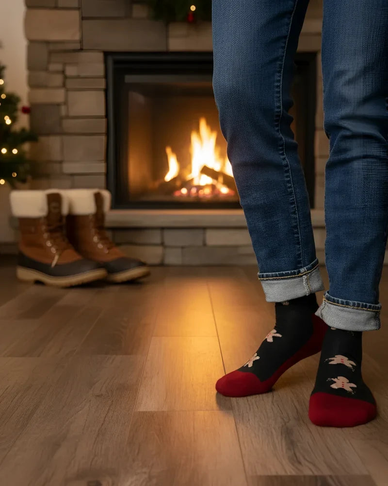 Men wearing black and red festive snowman merino wool socks with cuffed blue jeans for outdoor cozy warmth