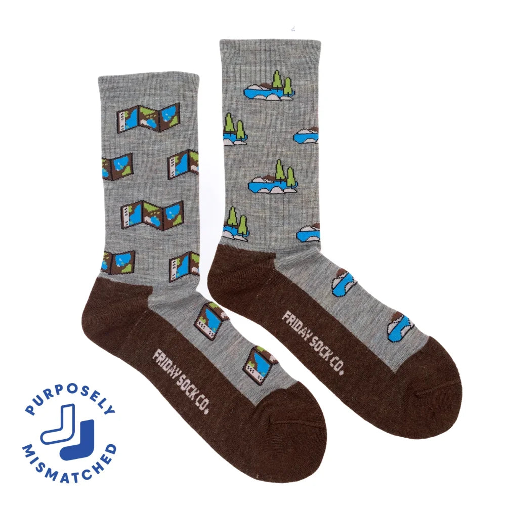 Men’s merino wool socks in gray and brown with playful map-themed outdoors pattern on soft heathered fabric