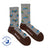 Men’s merino wool socks in gray and brown with playful map-themed outdoors pattern on soft heathered fabric
