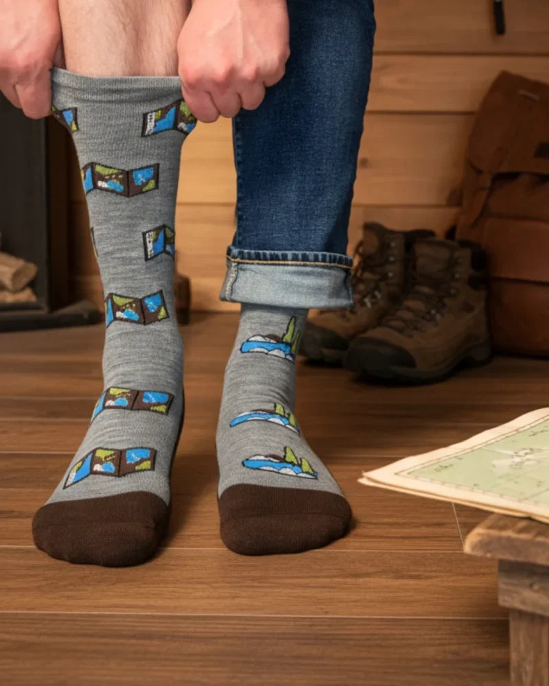 Men’s gray merino wool socks with brown toe and heel featuring printed maps and mountain scenes for outdoors use