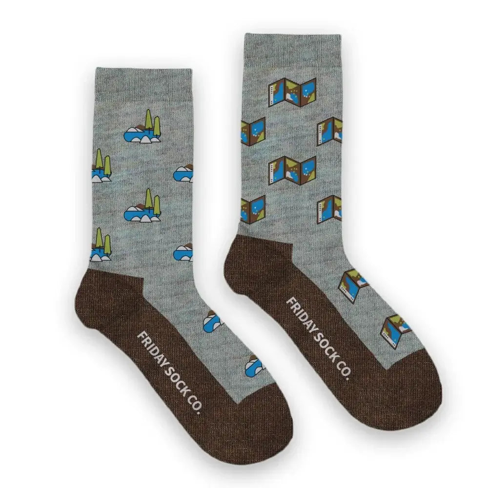 Gray and brown mens merino wool socks with playful mountains lakes and map case pattern all season soft wool socks