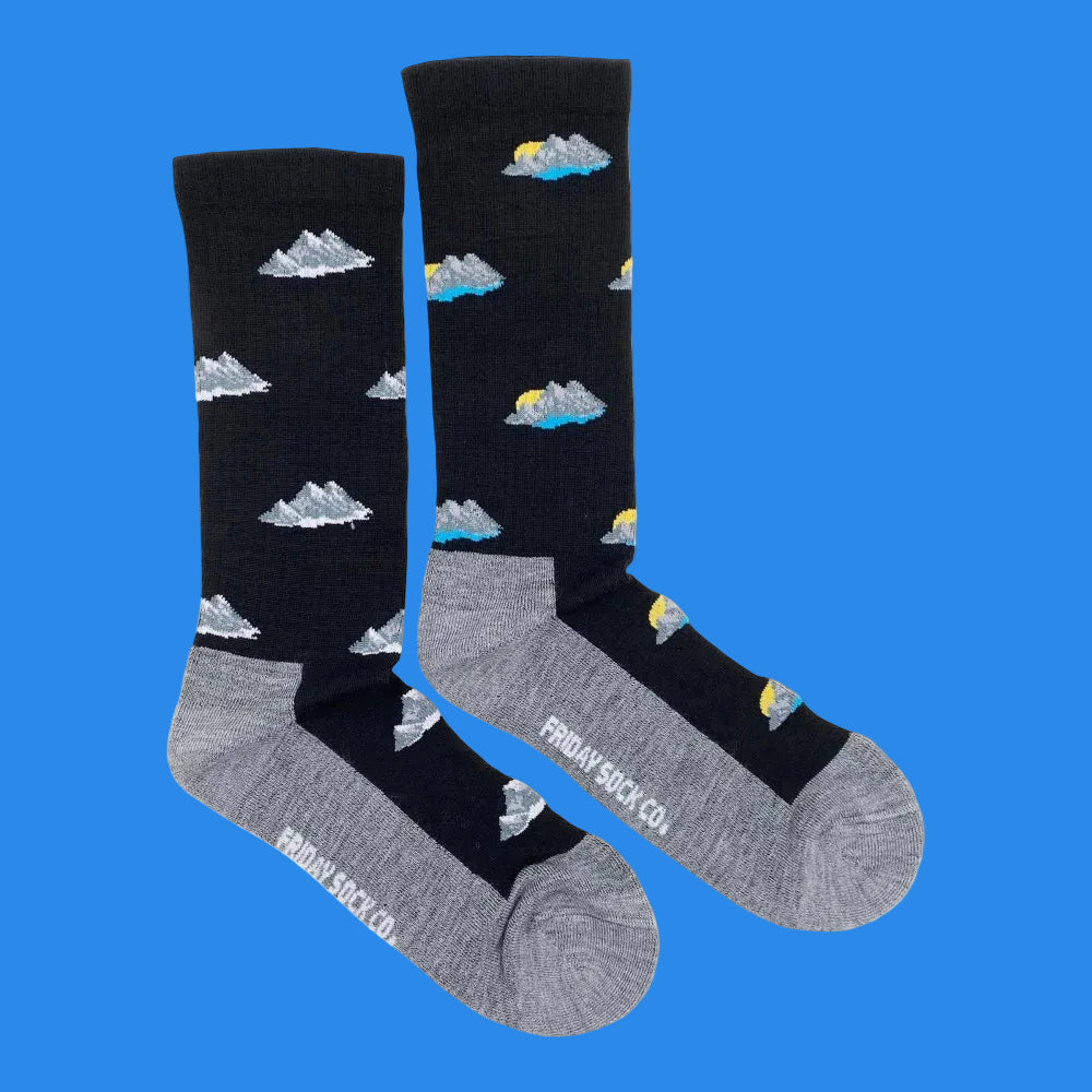 Black merino wool socks with silver and blue mountain clouds and gray heel and toe perfect for men