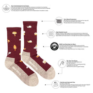 Men’s merino wool socks in maroon and beige with fun mushroom snail and popsicle pattern premium wool socks