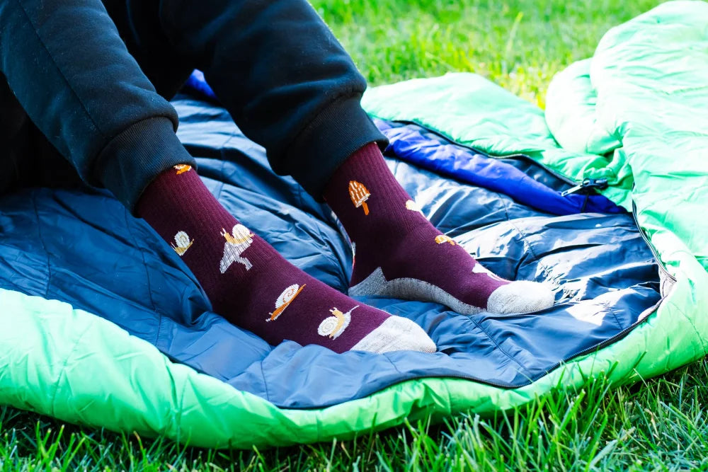Men’s maroon merino wool socks with embroidered mushroom and space designs and white toe caps premium wool socks