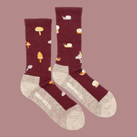 Men’s maroon merino wool socks with yellow mushrooms white snails and beige reinforced soles and heel tabs