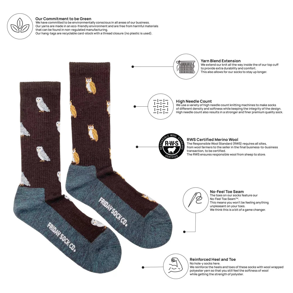 Dark brown men’s owl merino wool socks with white and orange owl pattern and teal toe and heel warm breathable wool socks