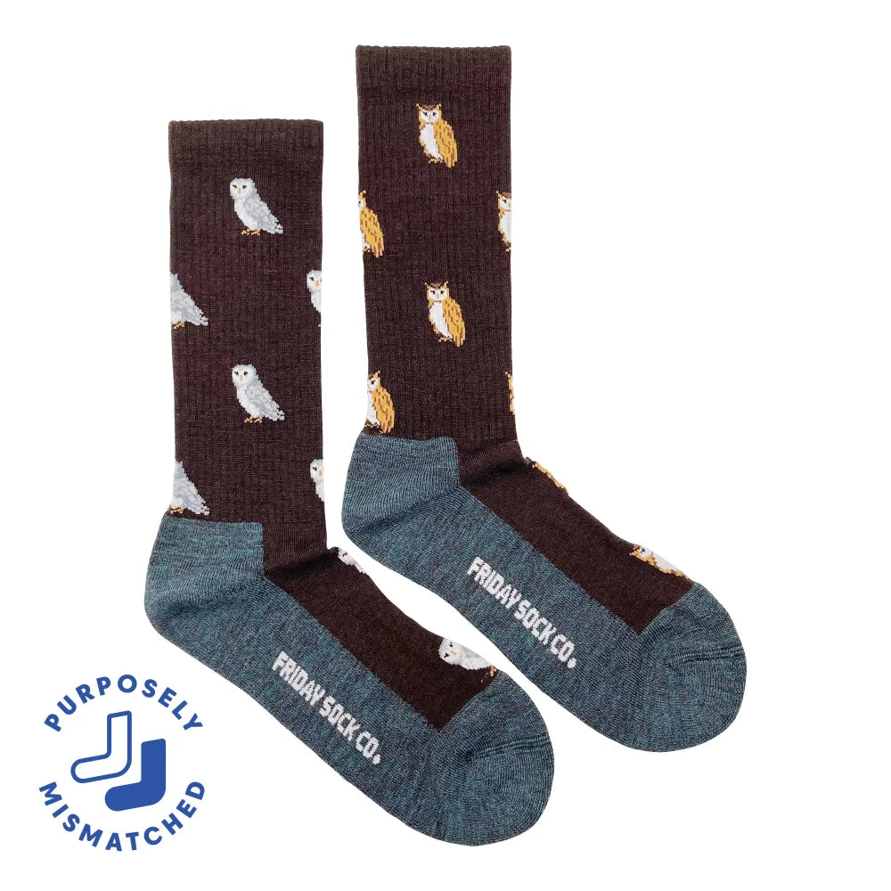 Brown owl patterned men’s merino wool socks with teal toe and heel by friday sock co warm breathable gift