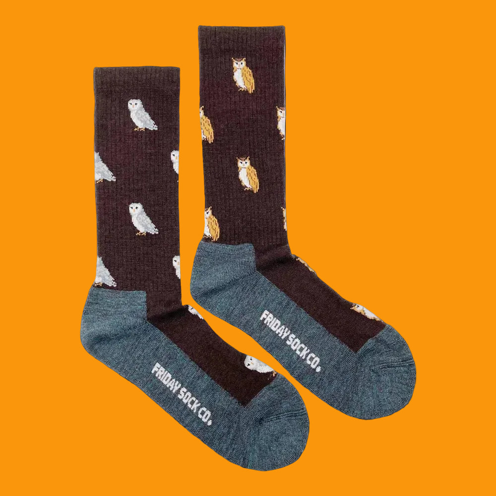 Men’s brown owl-patterned merino wool socks with teal toe and heel by friday sock co warm breathable wool socks gift