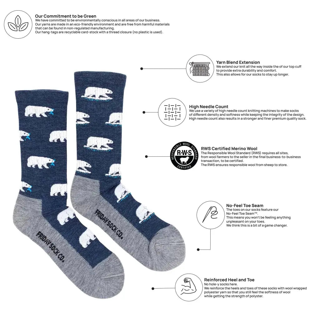 Men’s polar bear merino wool socks in navy blue and gray with white prints made from rws certified wool socks
