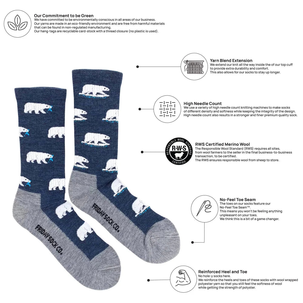 Men’s polar bear merino wool socks in navy blue and gray with white prints made from rws certified wool socks