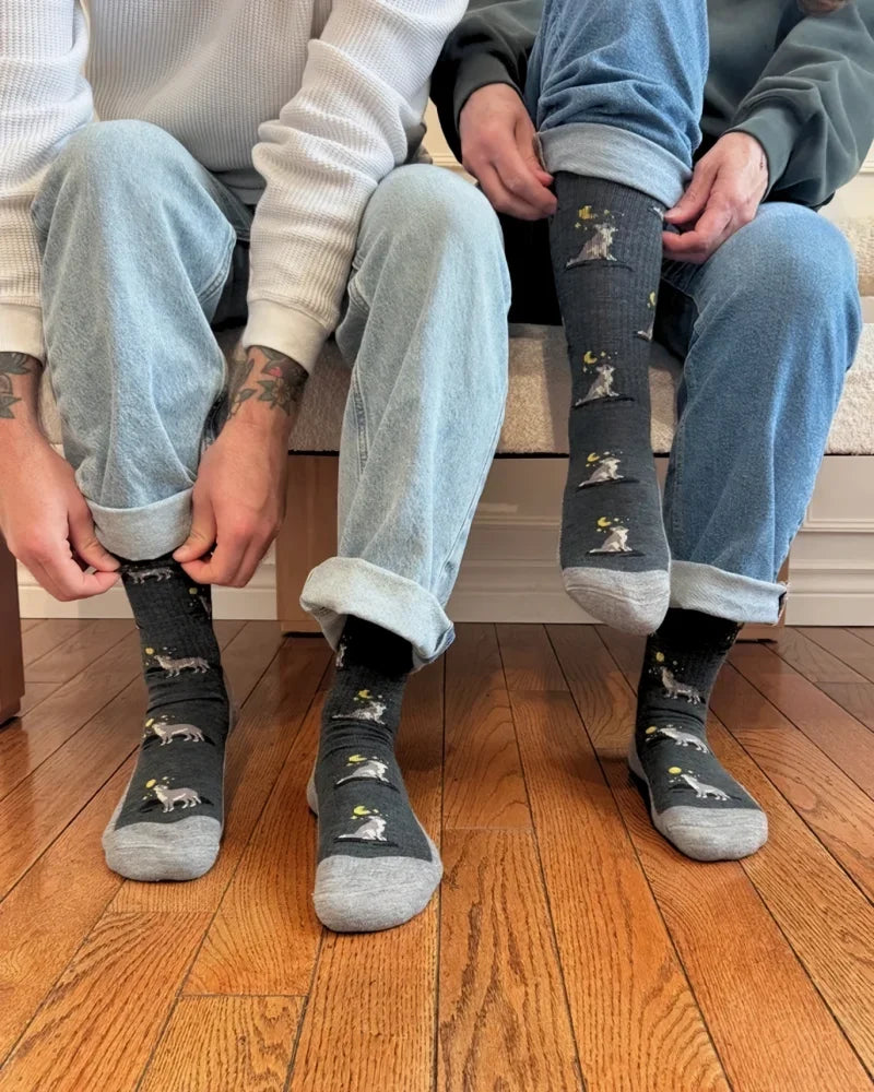 Dark gray men’s wolf and moon merino wool socks with whimsical animals and moons pattern warm breathable wool socks