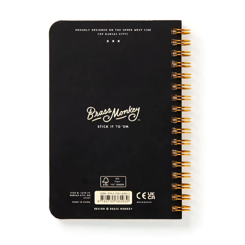 Black spiral-bound moody cats sticker book with gold metal rings and white cursive cats sticker branding
