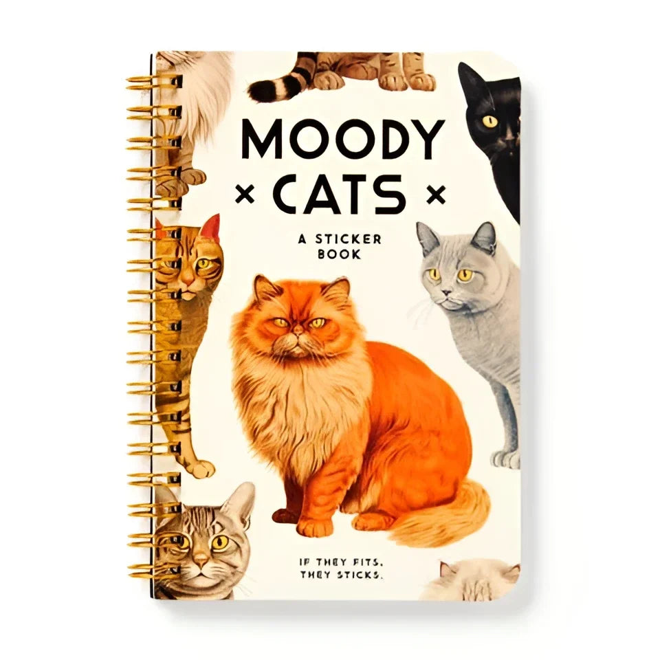 A spiral-bound moody cats sticker book with colorful illustrated cats and an orange tabby on the cover cats sticker book