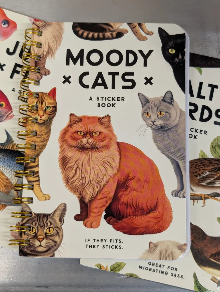 Spiral-bound moody cats sticker book with colorful cat illustrations and a vibrant cats sticker book cover design