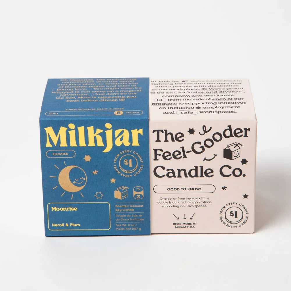 Blue and cream cardboard boxes for milkjar and feel gooder candle co moonrise neroli plum coconut soy 8oz candle packaging