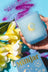 A translucent light blue glass candle jar with gold moon and sun design held next to its box coconut soy 8oz candle
