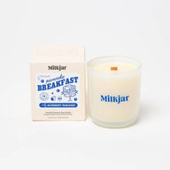 Milkkjar pancake breakfast soy candle in clear glass jar with blue branding scented like blueberry pancakes