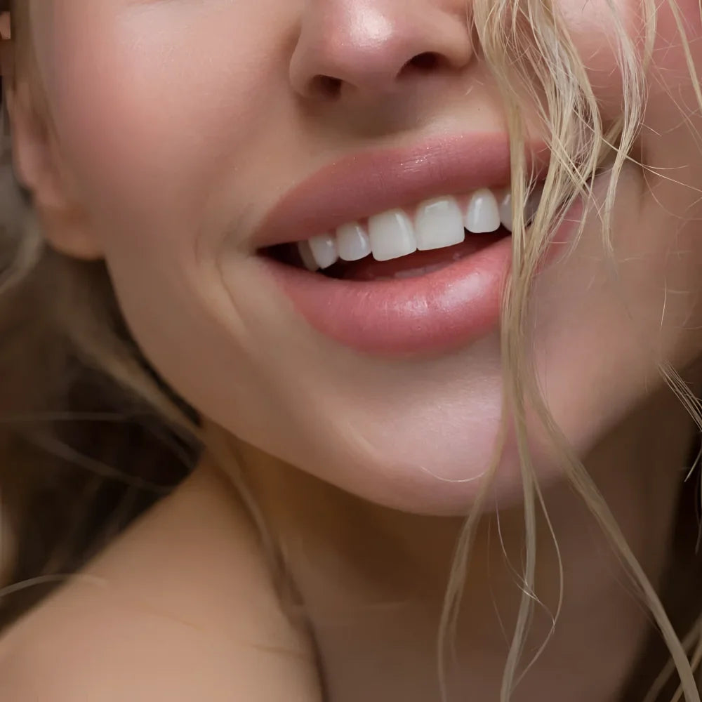 A close-up of a woman’s lips wearing peach natural lip tint with glossy finish and perfectly aligned white teeth