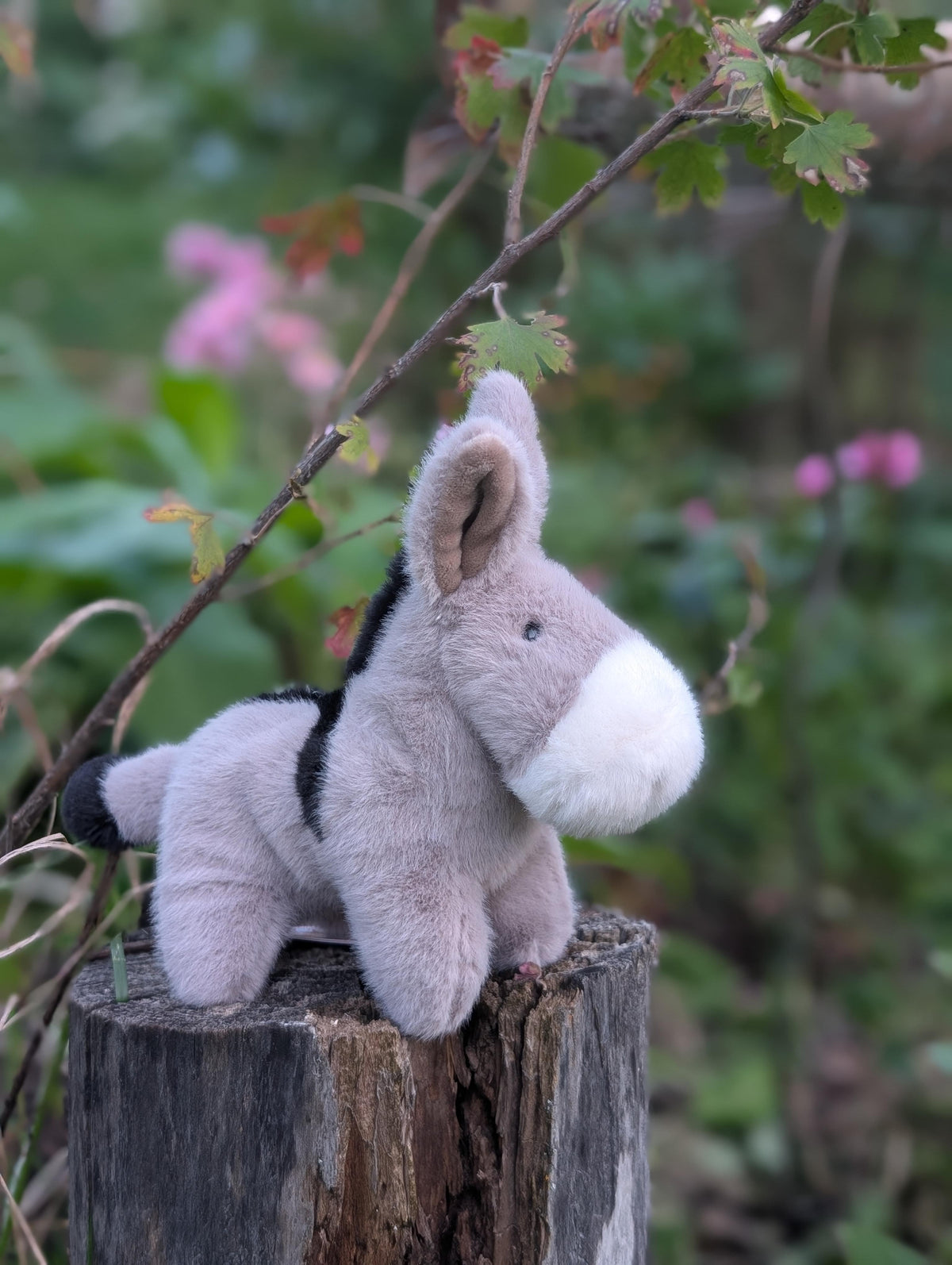 A plush gray and black cow toy called the donkey with a soft fuzzy texture perfect for cuddling