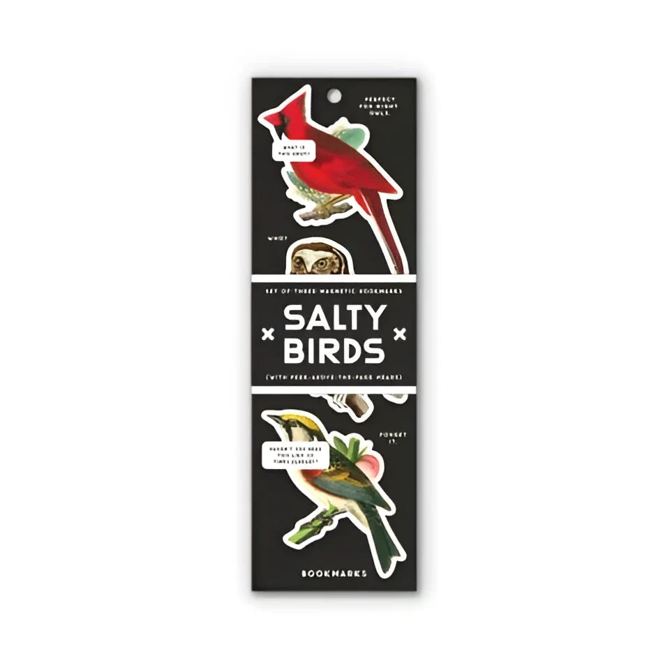 Salty birds magnetic bookmark set with vibrant red and green brass monkey bird designs on black cardstock backing