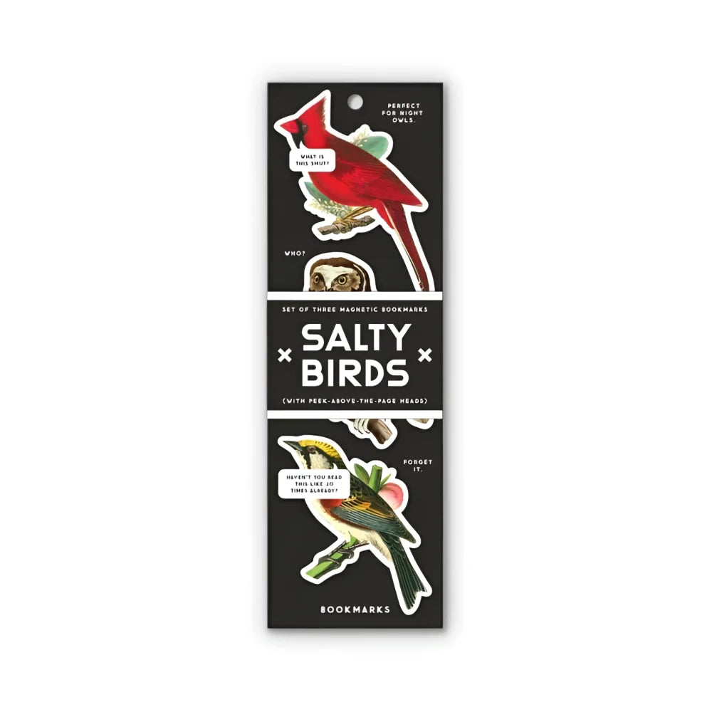 Salty birds magnetic bookmark set with three brass monkey style magnetic bookmarks featuring red cardinal owl and green bird designs