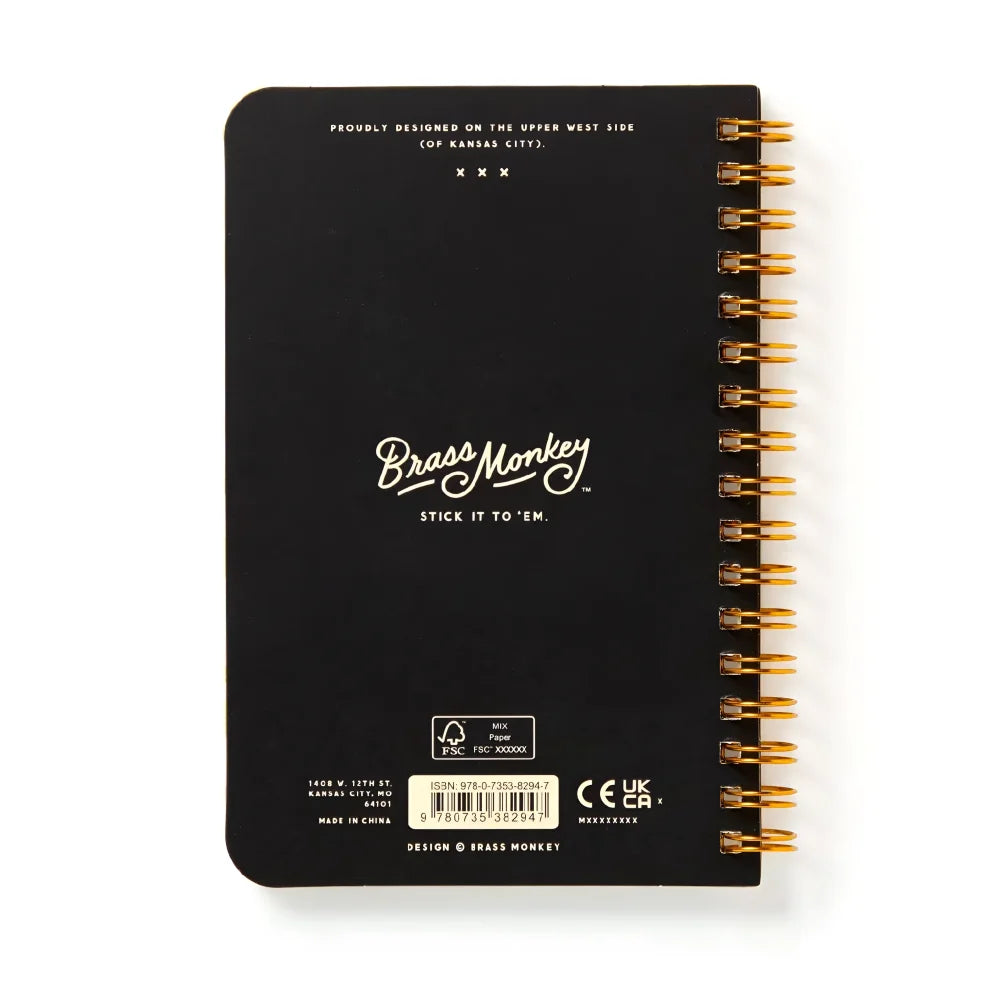 Black spiral-bound birds sticker book with gold metal rings and brass monkey logo for shady birds fans