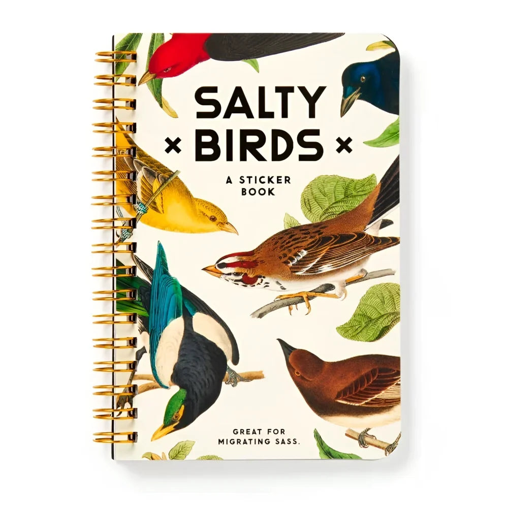 A spiral-bound birds sticker book with vibrant shady birds illustrations on a clean white cover called salty birds sticker book