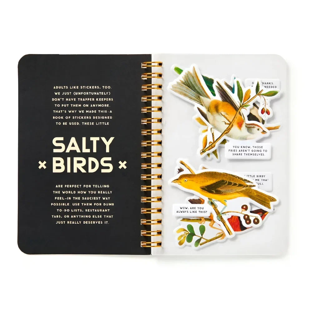 Salty birds sticker book with gold spiral binding and colorful shady birds stickers on white pages