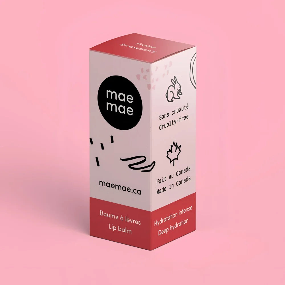 Mae mae strawberry natural lip balm in a minimalist white and red cardboard box with black branding elements